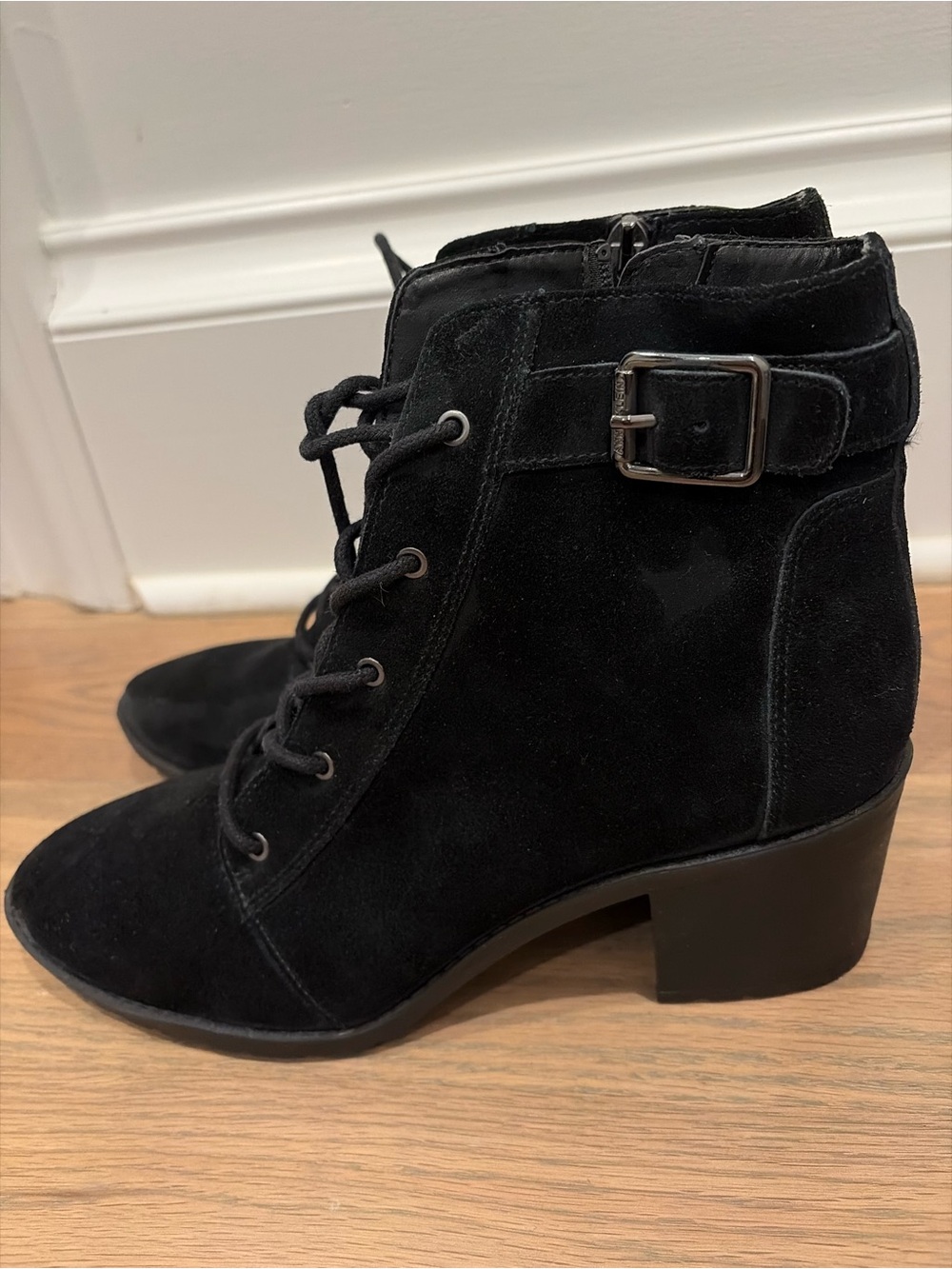Anne Klein Black Suede Lace-Up Ankle Boots with Buckle